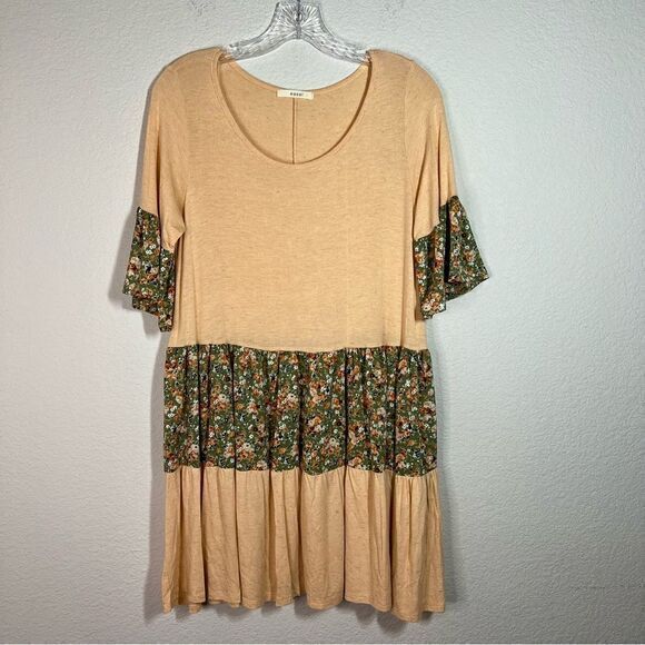 Easel Peach Floral Bell Sleeves Linen Blend Pleated Mini Dress Women's‎ Small - Picture 1 of 7